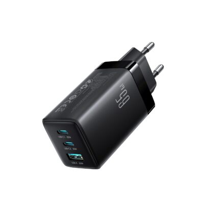 Juodas įkroviklis Joyroom JR-TG10 GaN 65W 2xUSB-C / USB-A + USB-C to USB-C 100W 1.2m cable