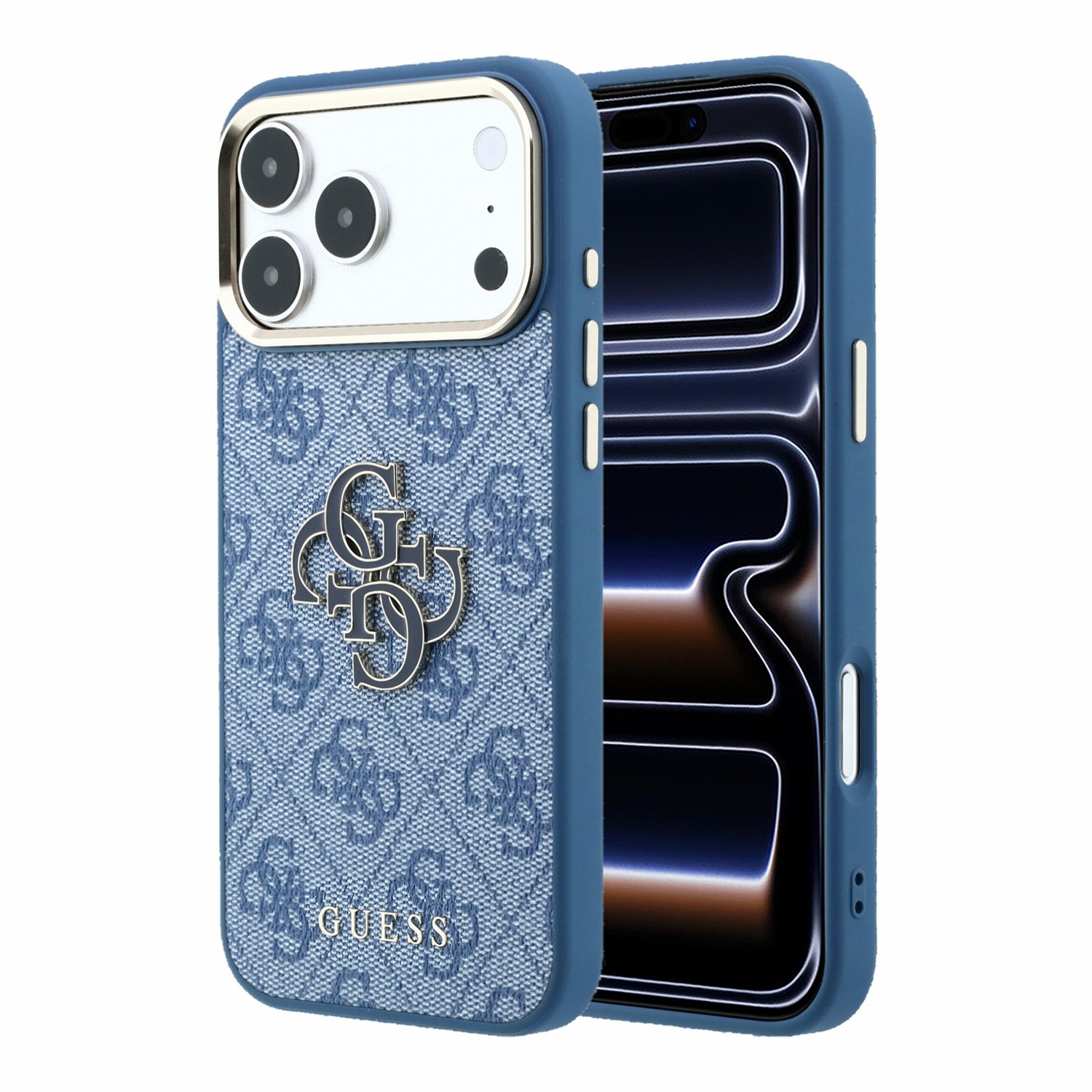 Mėlynas originalus dėklas Guess PU 4G Resin Metal Logo telefonui Apple Iphone 18 Pro Mėlynas originalus dėklas Iphone 18 Pro