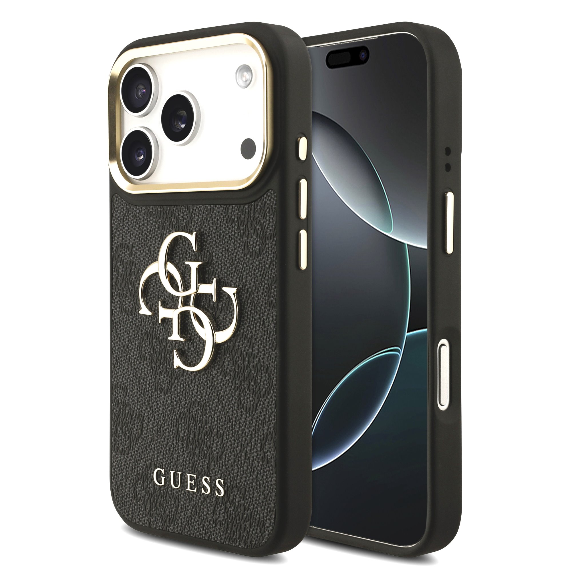 Juodas dėklas telefonui Apple iPhone 18 Pro "Guess PU Leather 4G Metal Logo Gold Frame MagSafe" Juodas dėklas telefonui Apple iPhone 18 Pro "Guess PU Leather 4G Metal Logo Gold Frame MagSafe" - Image 1