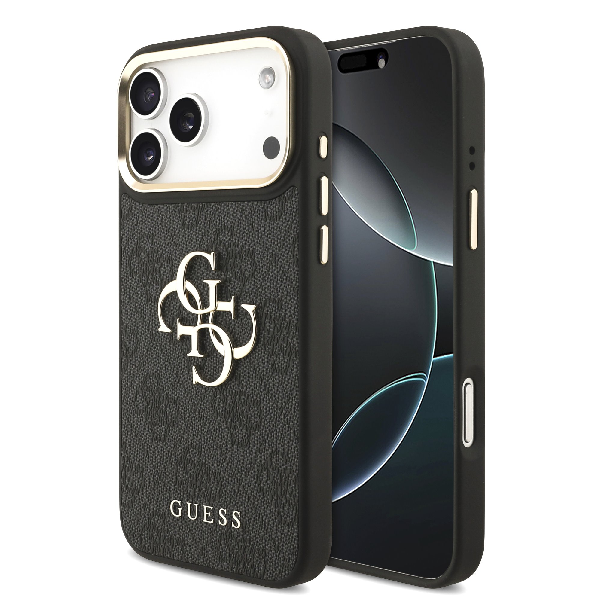 Juodas dėklas telefonui Apple iPhone 18 Pro Max "Guess PU Leather 4G Metal Logo Gold Frame MagSafe" Juodas dėklas telefonui Apple iPhone 18 Pro Max "Guess PU Leather 4G Metal Logo Gold Frame MagSafe" - Image 1