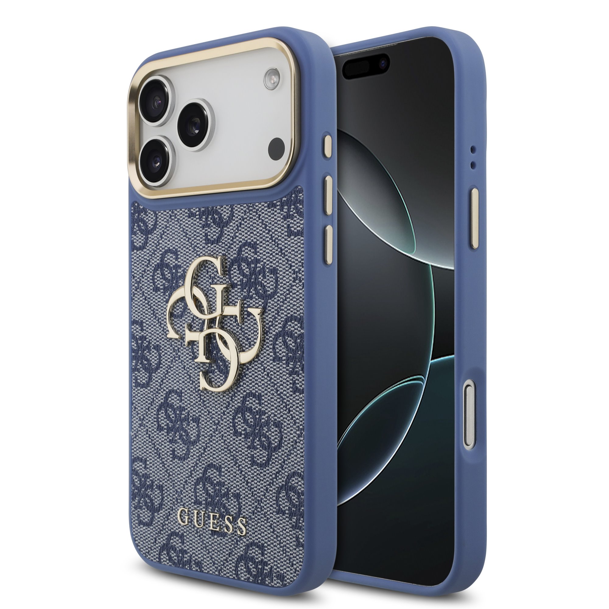 Mėlynas dėklas telefonui Apple iPhone 18 Pro Max "Guess PU Leather 4G Metal Logo Gold Frame" Mėlynas dėklas iPhone 18 Pro Max