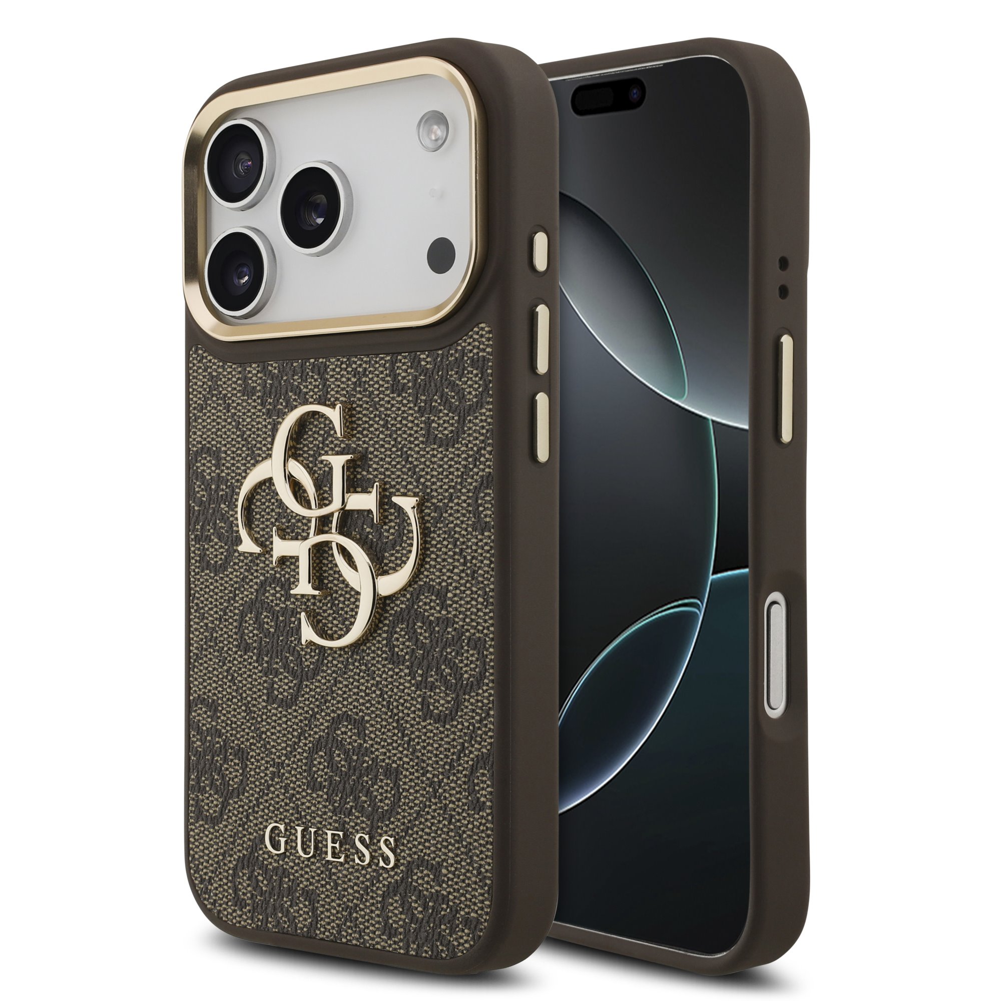 Rudas dėklas telefonui Apple iPhone 18 Pro "Guess PU Leather 4G Metal Logo Gold Frame" Rudas dėklas iPhone 18 Pro
