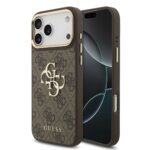 Rudas dėklas telefonui Apple iPhone 18 Pro Max "Guess PU Leather 4G Metal Logo Gold Frame MagSafe"