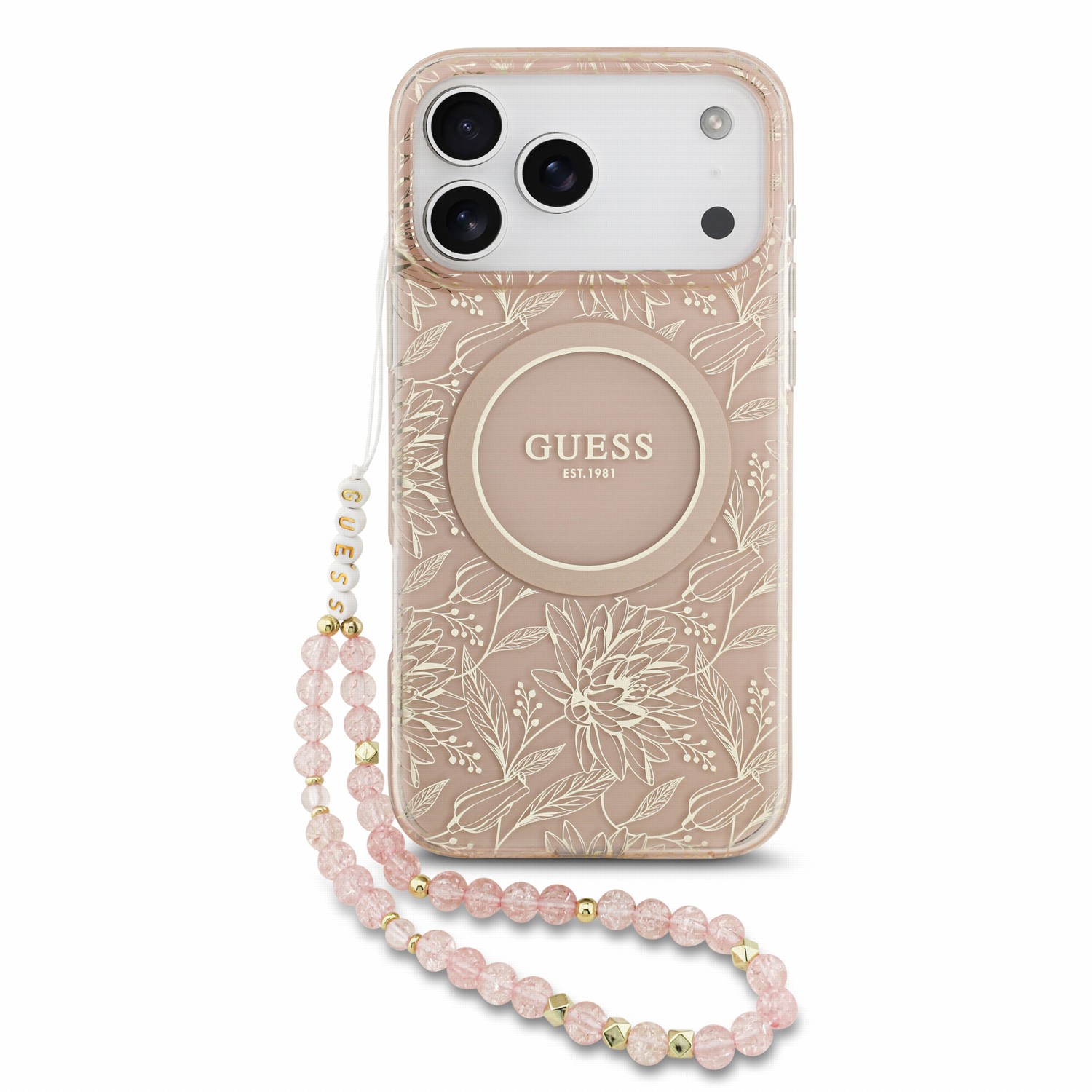 Rausvas dėklas telefonui Apple iPhone 18 Pro Max "Guess IML Flowers Allover Strap MagSafe" Rausvas dėklas iPhone 18 Pro Max