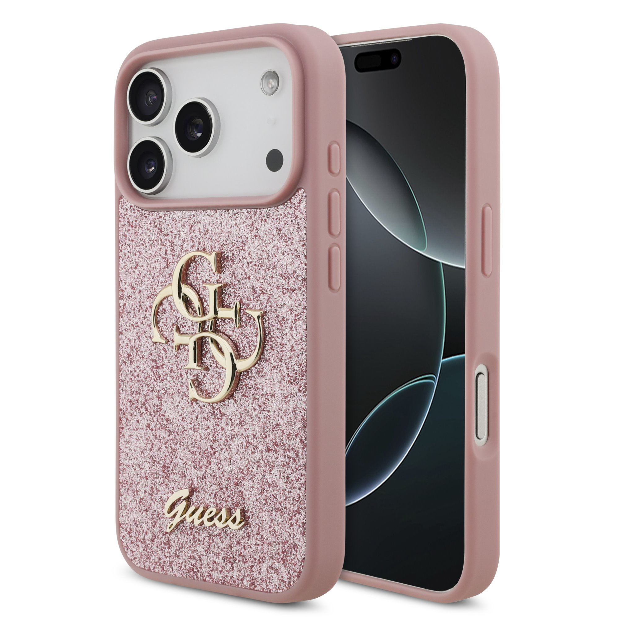 Rausvas originalus dėklas Guess PU Fixed Glitter 4G Metal Logo telefonui Apple iPhone 18 Pro Rausvas originalus dėklas Guess PU Fixed Glitter 4G Metal Logo telefonui Apple iPhone 18 Pro - Image 1