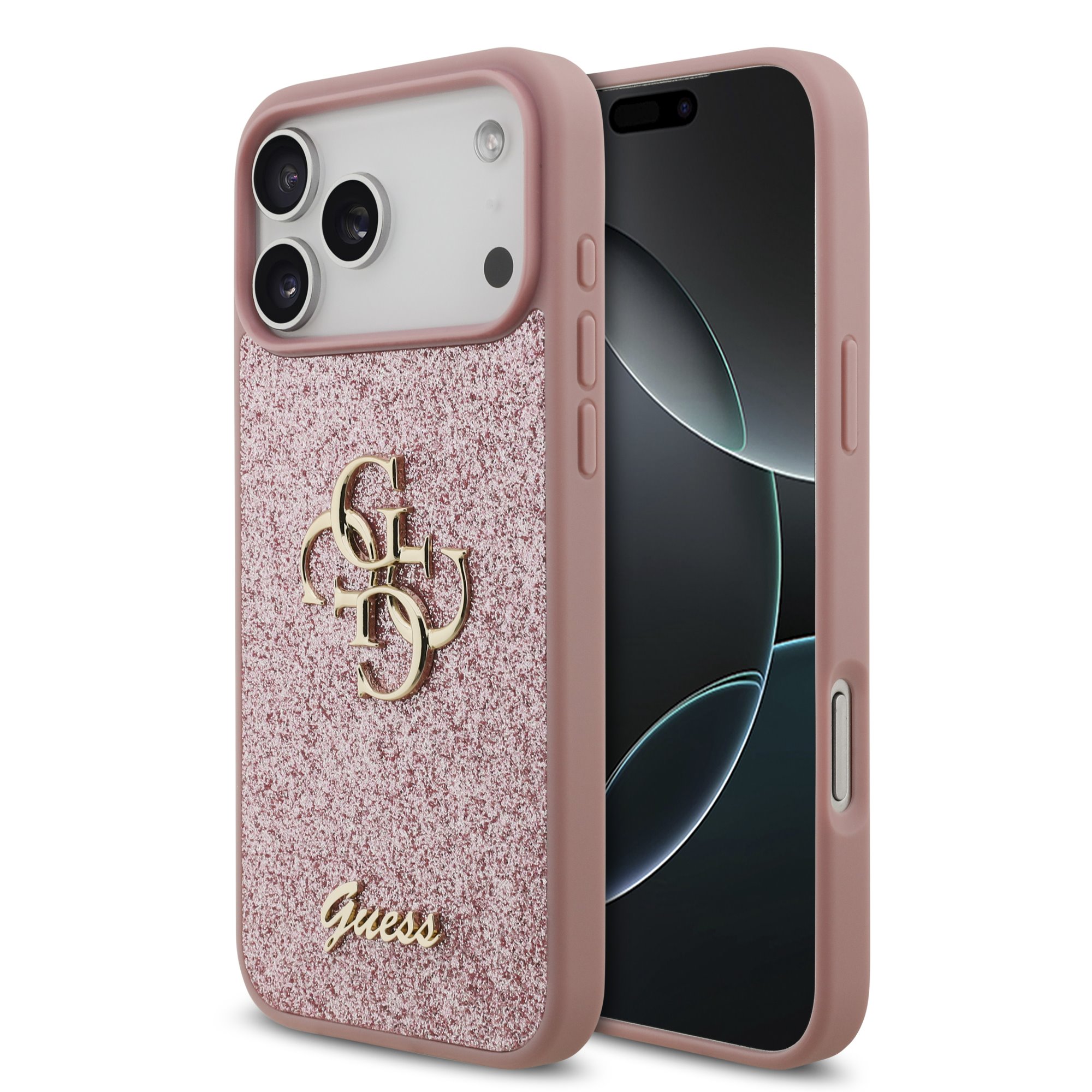 Rausvas originalus dėklas Guess PU Fixed Glitter 4G Metal Logo telefonui Apple iPhone 18 Pro Max Rausvas originalus dėklas iPhone 18 Pro Max