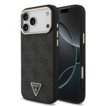 Juodas dėklas Guess PU Leather 4G Triangle Logo Gold Frame MagSafe telefonui Apple Iphone 18 Pro Max