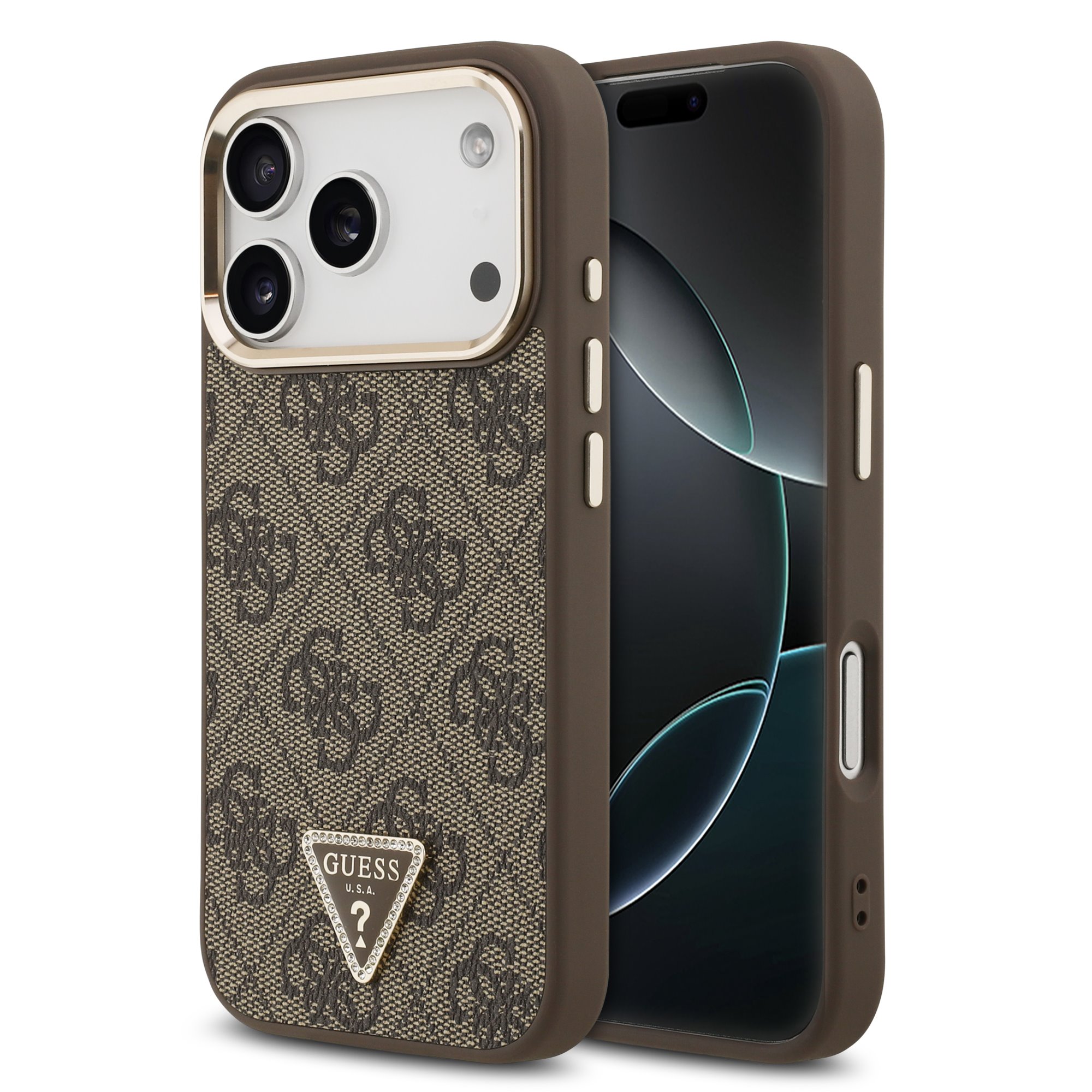 Rudas dėklas Guess PU Leather 4G Triangle Logo Gold Frame MagSafe telefonui Apple Iphone 18 Pro Rudas dėklas Guess PU Leather 4G Triangle Logo Gold Frame MagSafe telefonui Apple Iphone 18 Pro - Image 1
