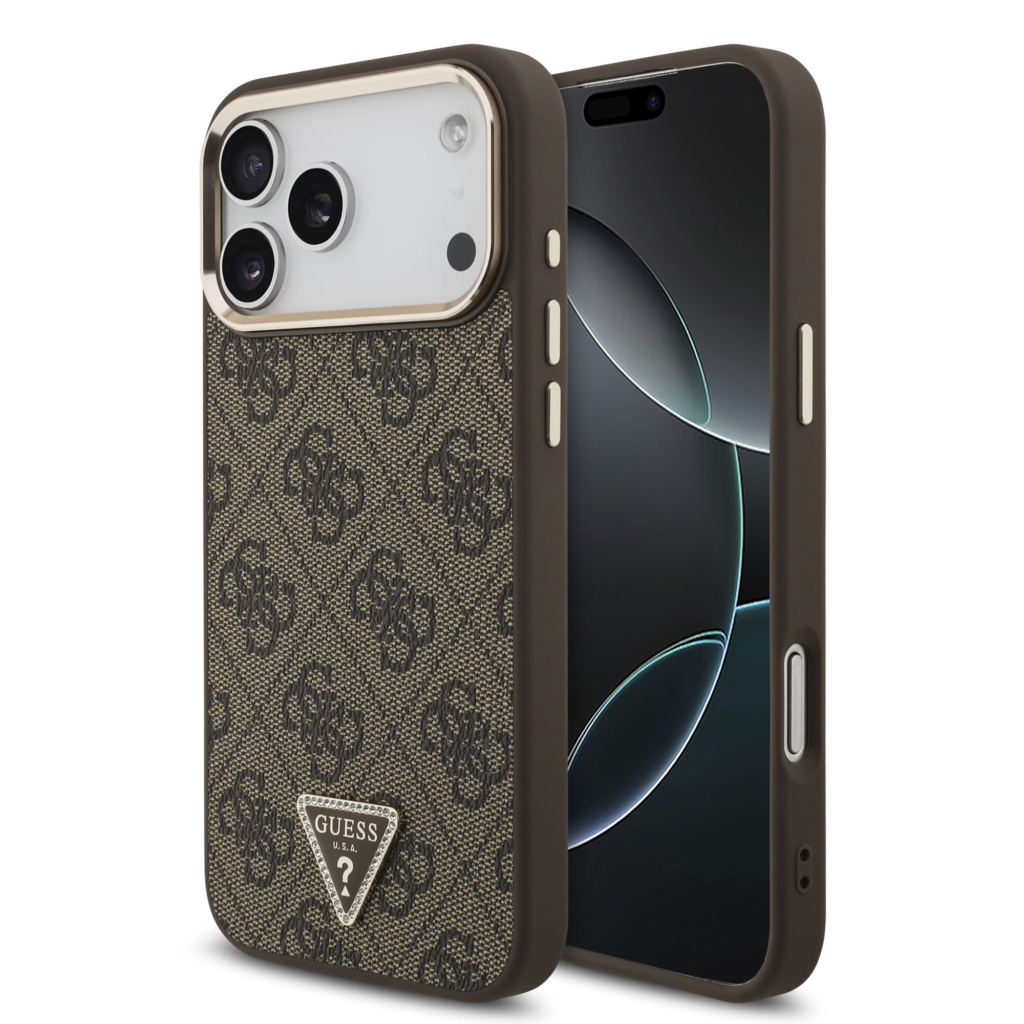 Rudas dėklas Guess PU Leather 4G Triangle Logo Gold Frame MagSafe telefonui Apple Iphone 18 Pro Max Rudas dėklas Guess PU Leather 4G Triangle Logo Gold Frame MagSafe telefonui Apple Iphone 18 Pro Max - Image 1