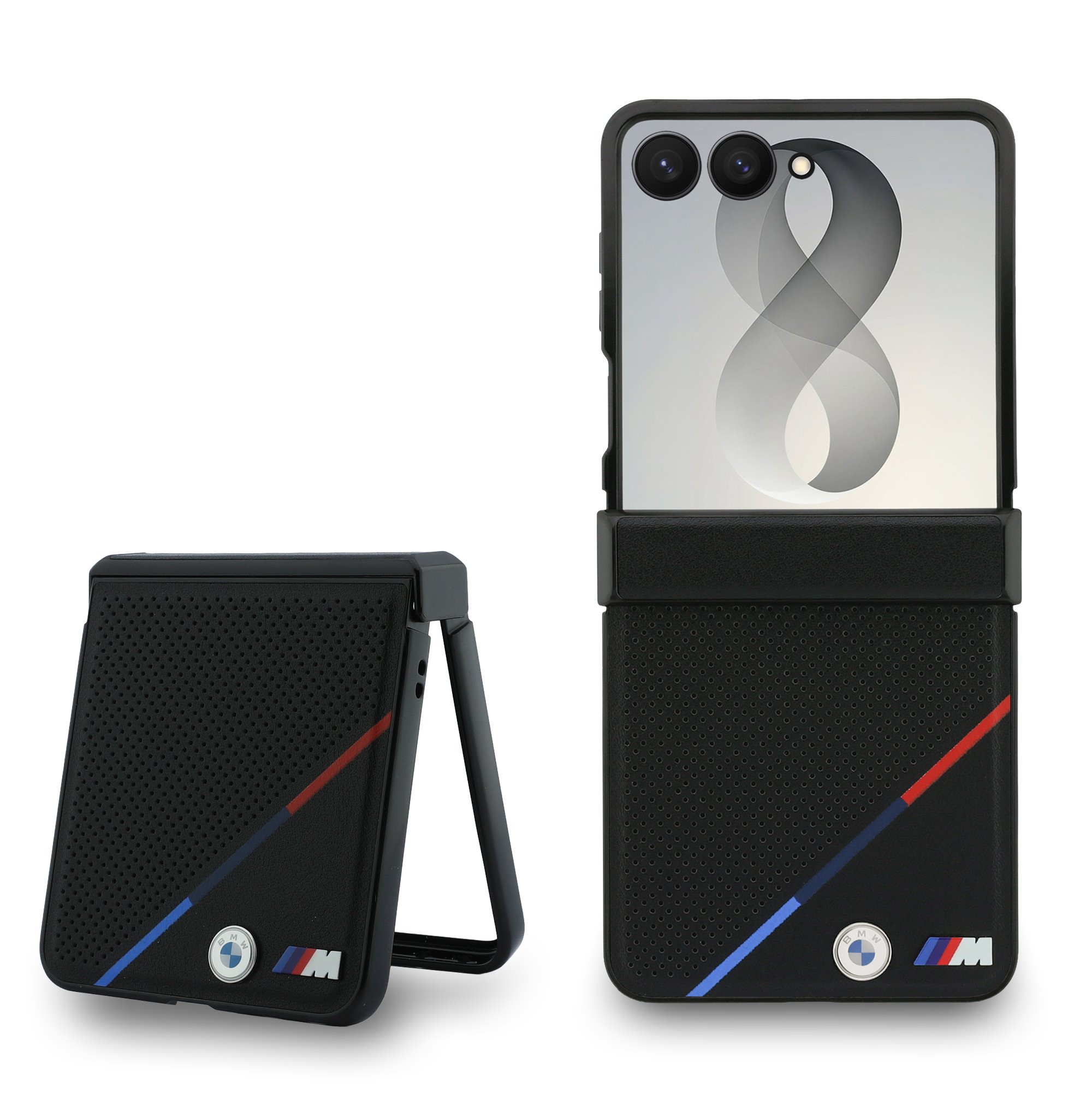 Juodas dėklas BMW M PU Perforated Tricolor Stripe Magnetic telefonui Samsung Galaxy Z Flip 8 Juodas dėklas BMW M PU Perforated Tricolor Stripe Magnetic telefonui Samsung Galaxy Z Flip 8 - Image 1