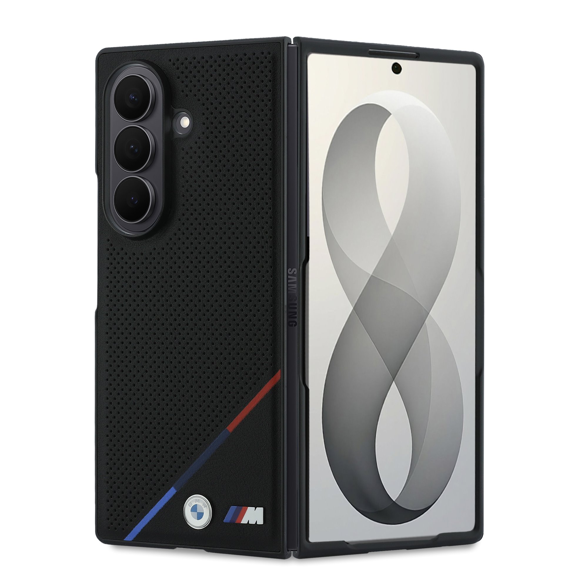 Juodas dėklas BMW M PU Perforated Tricolor Stripe Magnetic telefonui Samsung Galaxy Z Fold 8 Ultra Juodas dėklas BMW M PU Perforated Tricolor Stripe Magnetic telefonui Samsung Galaxy Z Fold 8 Ultra - Image 1
