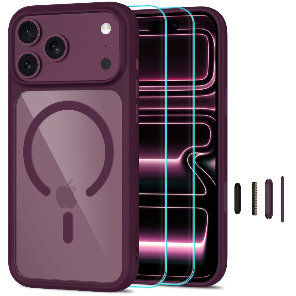 Bordo-skaidrus dėklas su apsauginiu stiklu telefonui Apple Iphone 17 Pro / 18 Pro "TECH-PROTECT MAGONE MAGSAFE CC + GLASS 2-PACK" Bordo-skaidrus dėklas Iphone 17 Pro / 18 Pro
