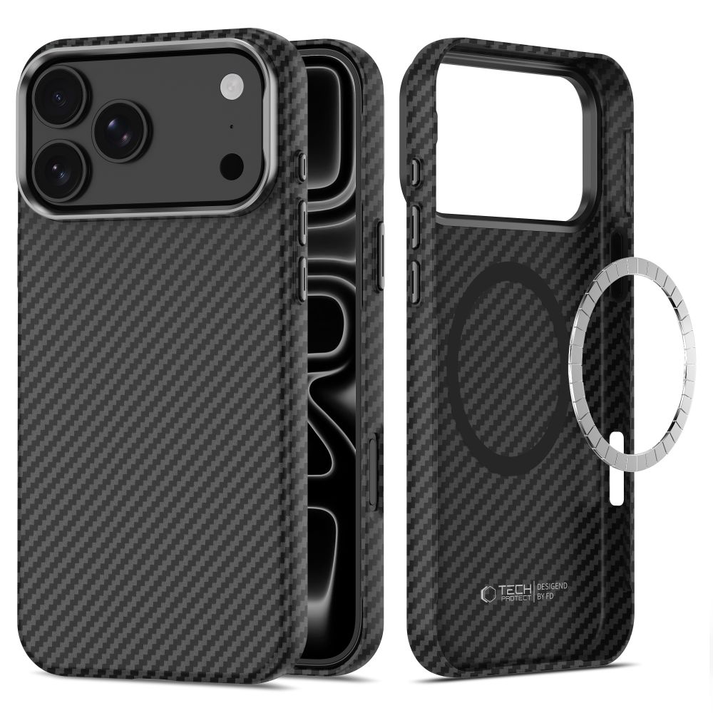 Juodas-sidabrinis dėklas Apple Iphone 17 Pro / 18 Pro "Tech-Protect Ion Carbon Magsafe" Juodas-sidabrinis dėklas Iphone 17 Pro / 18 Pro