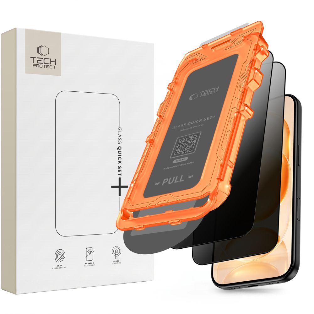 Juodas privatumo apsauginis stiklas telefonui Apple Iphone 18 Pro Max " Tech-Protect Quick Set Spy+2-Pack" Juodas privatumo apsauginis stiklas Iphone 18 Pro Max