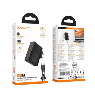 Juodas įkroviklis Hoco N85 100W 3xUSB-C / USB-A + USB-C to USB-C 100W cable 2.0m – nuotrauka 2