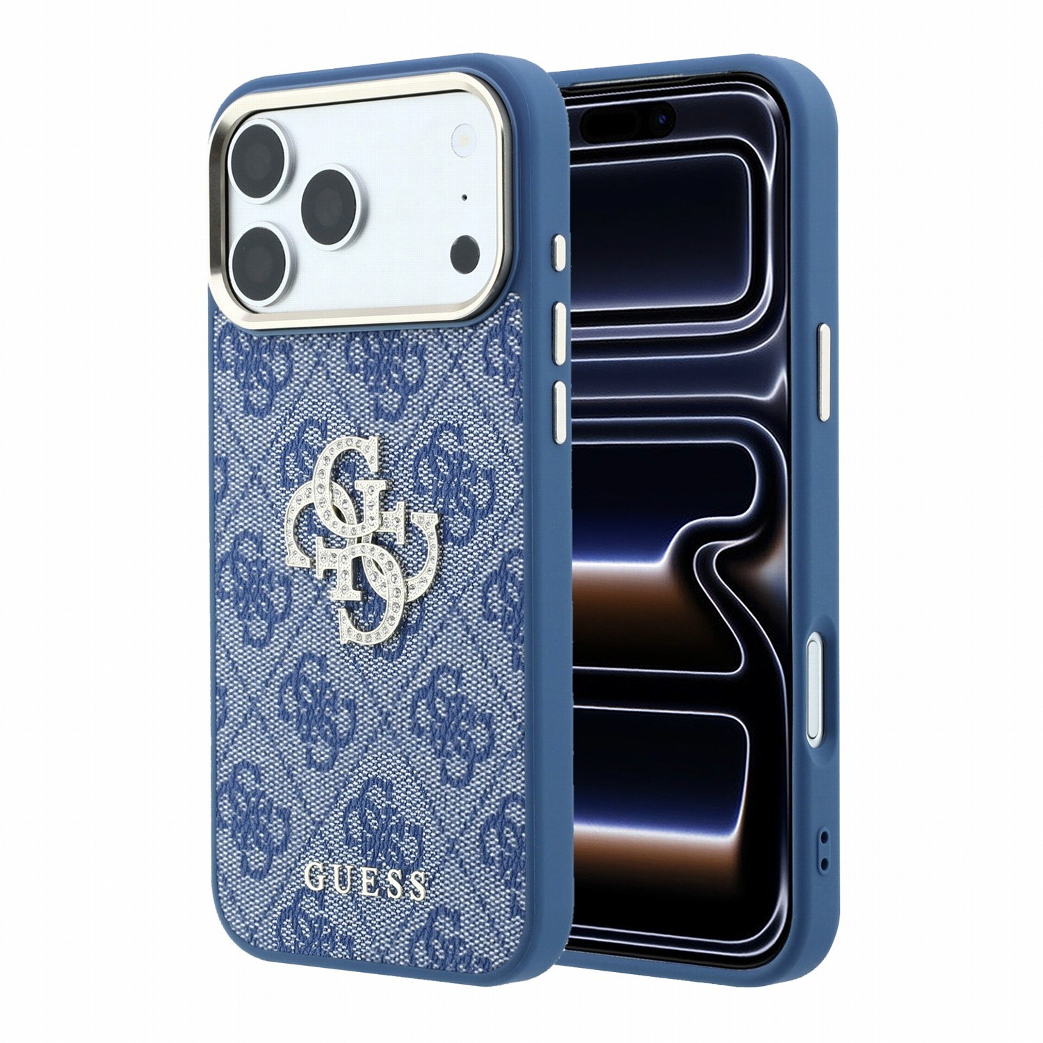 Mėlynas dėklas Guess PU 4G Strass Metal Logo telefonui Apple iPhone 18 Pro Mėlynas dėklas iPhone 18 Pro
