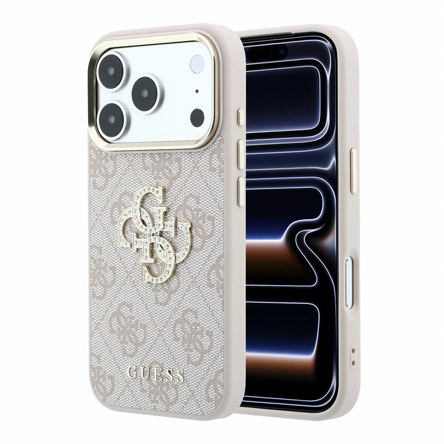 Rausvas dėklas Guess PU 4G Strass Metal Logo telefonui Apple iPhone 18 Pro Rausvas dėklas iPhone 18 Pro