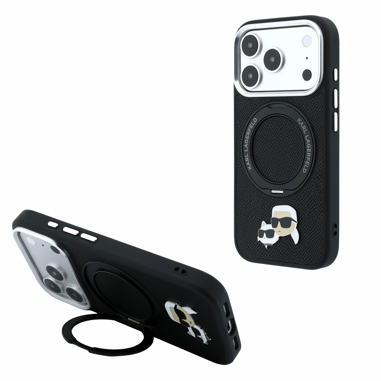 Juodas dėklas telefonui Apple iPhone 18 Pro Max "Karl Lagerfeld PU Grained K&CH Heads Ring Stand Magsafe Juodas dėklas telefonui Apple iPhone 18 Pro Max "Karl Lagerfeld PU Grained K&CH Heads Ring Stand Magsafe - Image 1